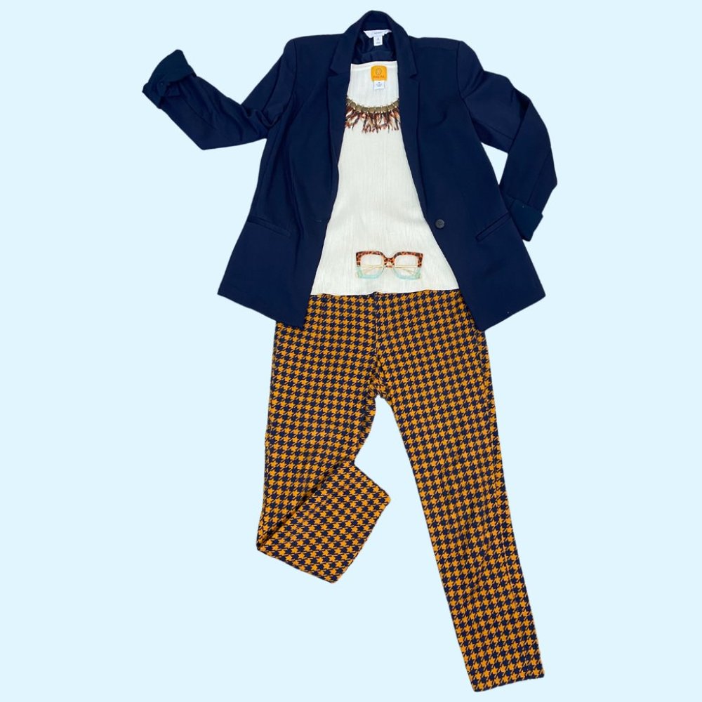 Old Navy Women’s Blue/Gold Houndstooth Spandex-blend Pixie Ankle Pants - Size 8
